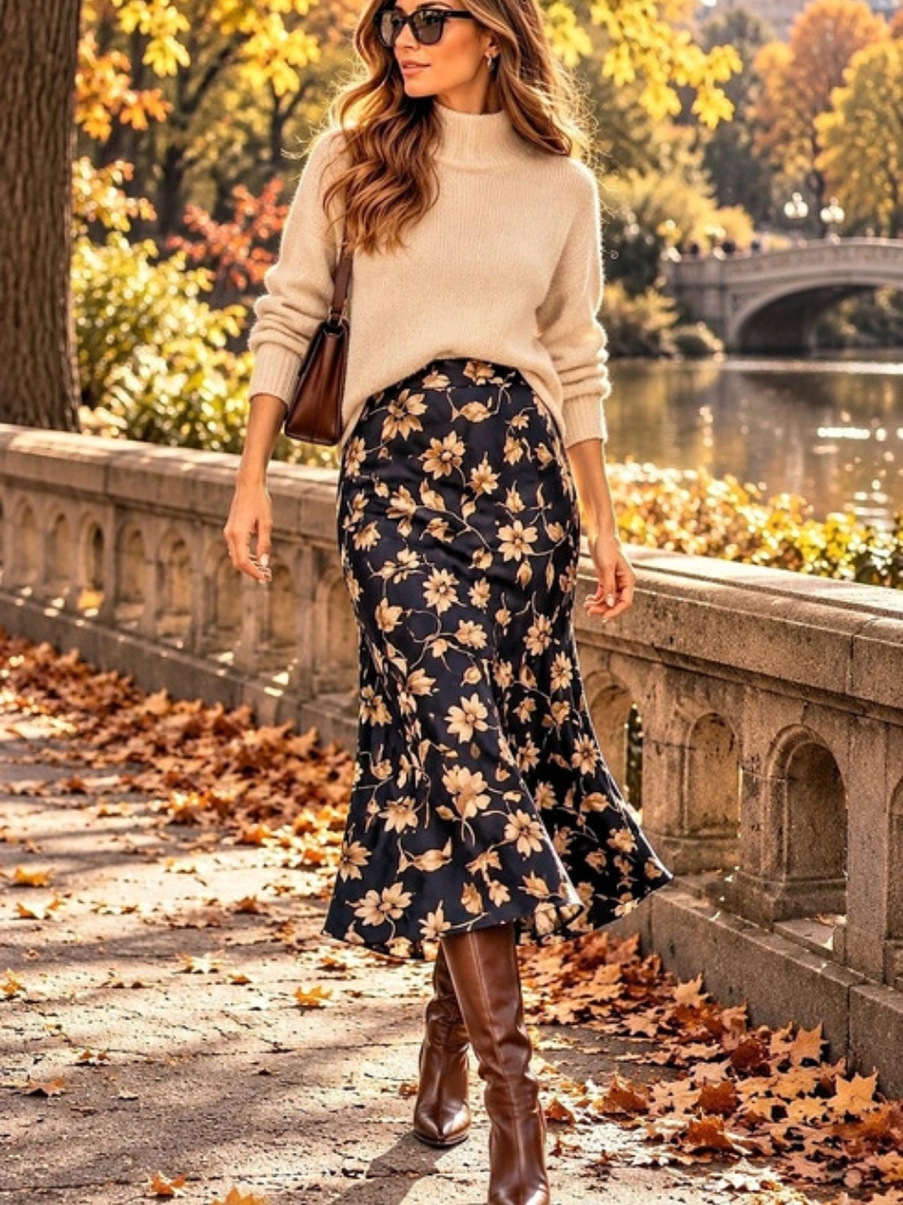 Jones New York 100% Silk Floral Maxi Skirt Navy Beige